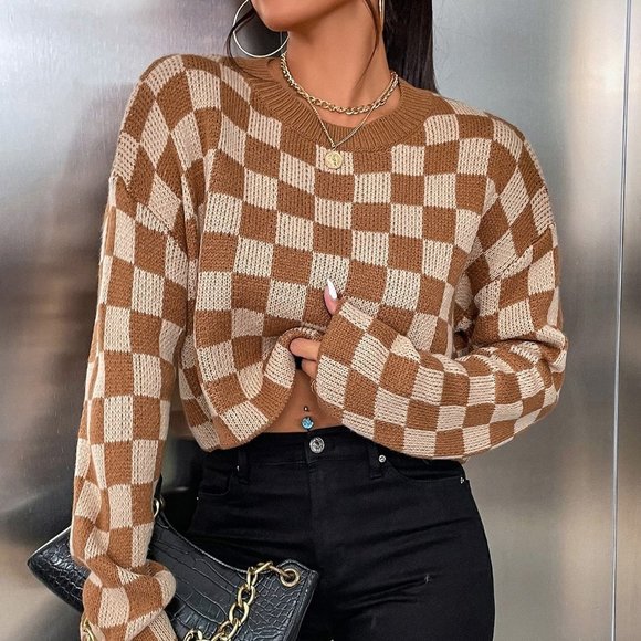 Preppy Checkered Pattern Drop Shoulder Sweater Brown - Picture 2 of 5